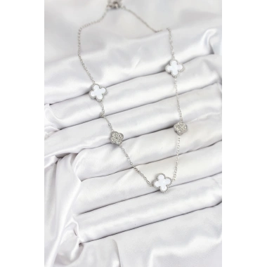 316L Çelik Zincir Gümüş Renk Beyaz ve Zirkon Taşlı Yonca Kadın Kolye
