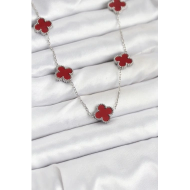 316L Çelik Zincir Gümüş Renk Bordo Renk Yonca Kadın Kolye