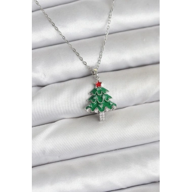 316L Çelik Zincir Gümüş Renk Çam Ağacı Model Yılbaşı Temalı Kadın Kolye