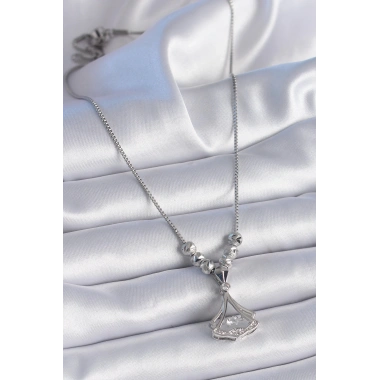 316L Çelik Zincir Gümüş Renk Gingko Yaprağı Model Zirkon Taş Detay Kadın Kolye