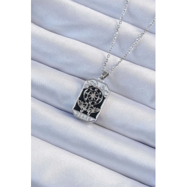 316L Çelik Zincir Gümüş Renk İşlemeli Siyah Mineli Tarot Kolye