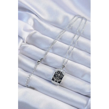 316L Çelik Zincir Gümüş Renk İşlemeli Siyah Mineli Tarot Kolye