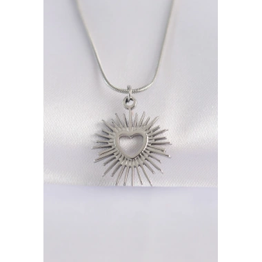 316L Çelik Zincir Gümüş Renk Kalp Güneşi Tasarımlı Kolye