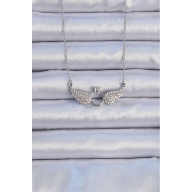 316L Çelik Zincir Gümüş Renk Kanatlı Tektaş Kolye