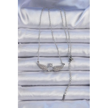 316L Çelik Zincir Gümüş Renk Kanatlı Tektaş Kolye