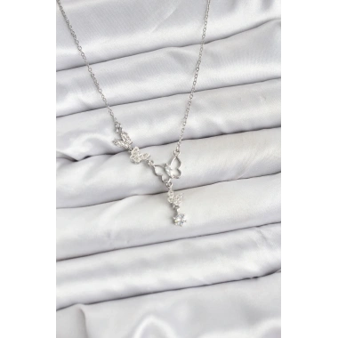 316L Çelik Zincir Gümüş Renk Kelebek Model Kadın Kolye