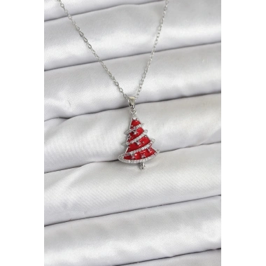 316L Çelik Zincir Gümüş Renk Kırmızı Çam Ağacı Model Yılbaşı Temalı Kadın Kolye