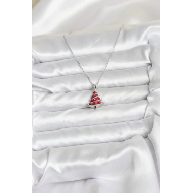 316L Çelik Zincir Gümüş Renk Kırmızı Çam Ağacı Model Yılbaşı Temalı Kadın Kolye