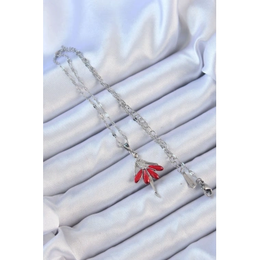 316L Çelik Zincir Gümüş Renk Kırmızı Etekli Zirkon Taşlı Balerin Kolye