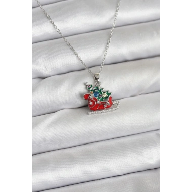 316L Çelik Zincir Gümüş Renk Kızak ve Çam Ağacı Figürlü Yılbaşı Temalı Kadın Kolye