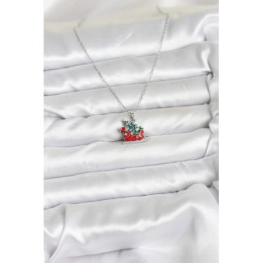 316L Çelik Zincir Gümüş Renk Kızak ve Çam Ağacı Figürlü Yılbaşı Temalı Kadın Kolye