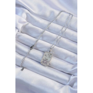 316L Çelik Zincir Gümüş Renk Lila Zirkon Taşlı Tarot Kolye