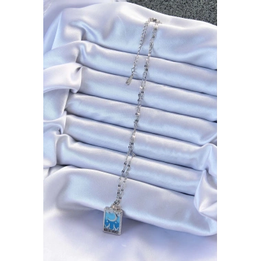 316L Çelik Zincir Gümüş Renk Mavi Mineli Ay Figür Tarot Kolye