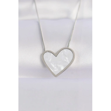 316L Çelik Zincir Gümüş Renk Mermer Desenli Kalp Kolye