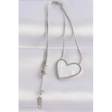 316L Çelik Zincir Gümüş Renk Mermer Desenli Kalp Kolye