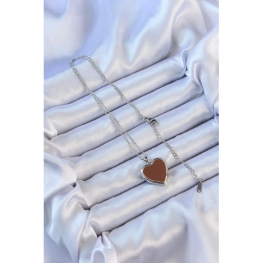316L Çelik Zincir Gümüş Renk Mineli İçi Açılan Kalp Kolye