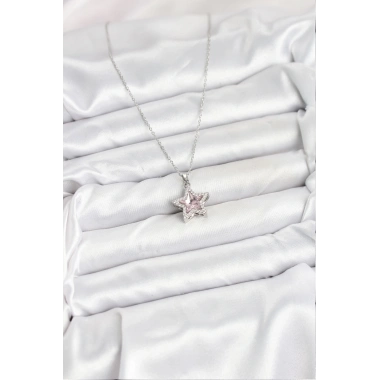316L Çelik Zincir Gümüş Renk Pembe Taşlı Yıldız Model Kadın Kolye