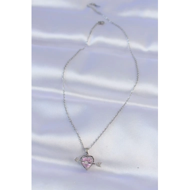 316L Çelik Zincir Gümüş Renk Pembe Zirkon Taşlı Eros Kolye