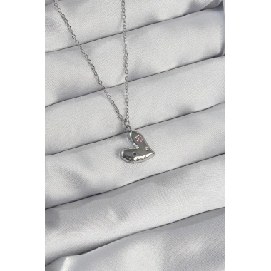 316L Çelik Zincir Gümüş Renk Renkli Zirkon Taşlı Kalp Kolye