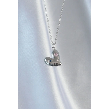 316L Çelik Zincir Gümüş Renk Renkli Zirkon Taşlı Kalp Kolye