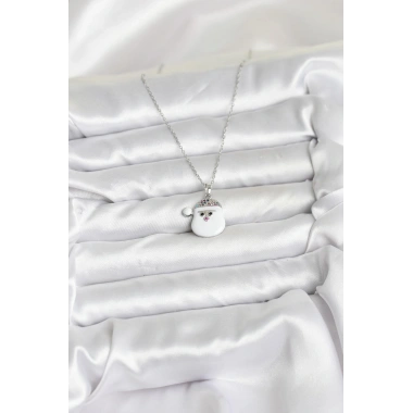 316L Çelik Zincir Gümüş Renk Şapkalı Kardan Adam Kafası Model Yılbaşı Temalı Kadın Kolye