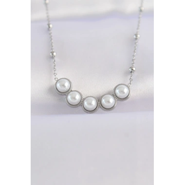 316L Çelik Zincir Gümüş Renk Sıralı İnci Taşlı Kolye