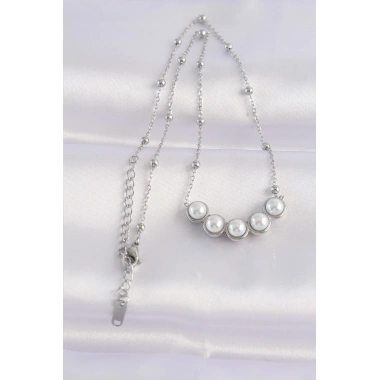 316L Çelik Zincir Gümüş Renk Sıralı İnci Taşlı Kolye