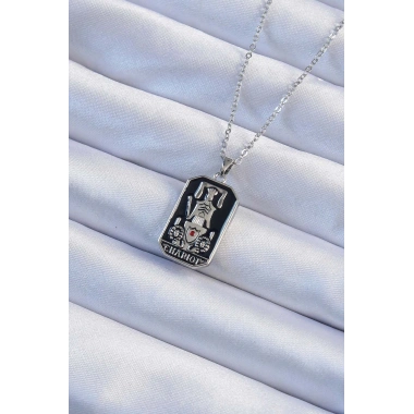 316L Çelik Zincir Gümüş Renk Siyah Mineli Tarot Kolye