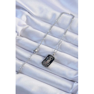 316L Çelik Zincir Gümüş Renk Siyah Mineli Tarot Kolye