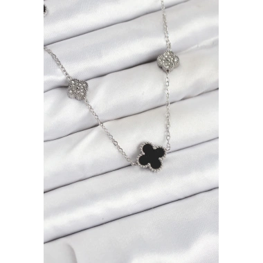 316L Çelik Zincir Gümüş Renk Siyah ve Zirkon Taşlı Yonca Kadın Kolye