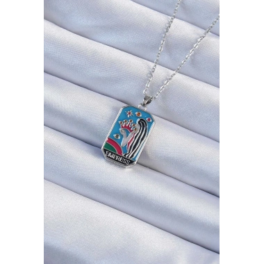 316L Çelik Zincir Gümüş Renk Taç ve Kız Figürlü Renkli Mineli Tarot Kolye