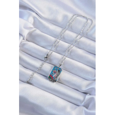 316L Çelik Zincir Gümüş Renk Taç ve Kız Figürlü Renkli Mineli Tarot Kolye