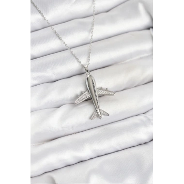 316L Çelik Zincir Gümüş Renk Uçak Model Kadın Kolye