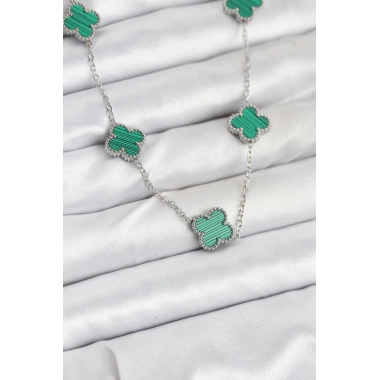 316L Çelik Zincir Gümüş Renk Yeşil Yonca Kadın Kolye