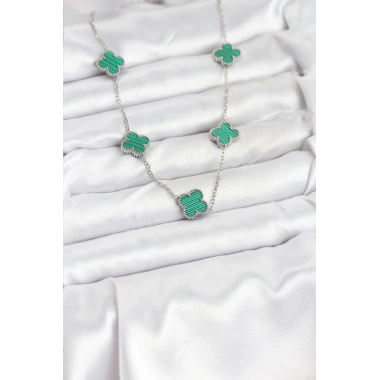 316L Çelik Zincir Gümüş Renk Yeşil Yonca Kadın Kolye