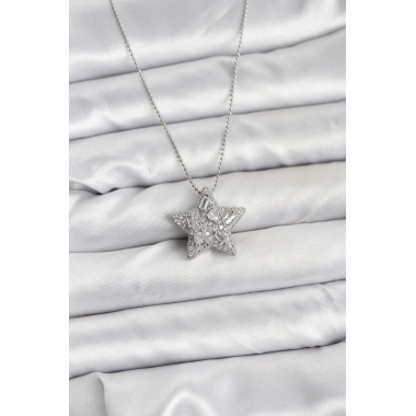 316L Çelik Zincir Gümüş Renk Zincirli Gümüş Yıldız Model Kadın Kolye