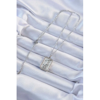 316L Çelik Zincir Gümüş Renk Zirkon Taşlı Çerçeveli Tarot Kolye