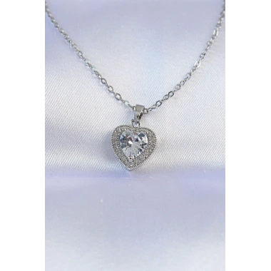 316L Çelik Zincir Gümüş Renk Zirkon Taşlı Charm Kalp Kolye