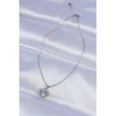 316L Çelik Zincir Gümüş Renk Zirkon Taşlı Charm Kalp Kolye