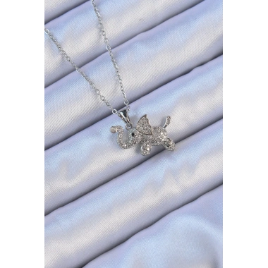 316L Çelik Zincir Gümüş Renk Zirkon Taşlı Fil Kolye