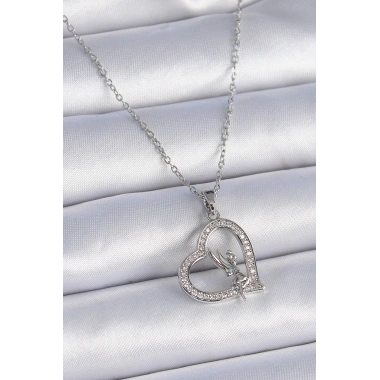 316L Çelik Zincir Gümüş Renk Zirkon Taşlı Kalp Model Melek Detay Kadın Kolye