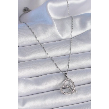 316L Çelik Zincir Gümüş Renk Zirkon Taşlı Kalp Model Melek Detay Kadın Kolye