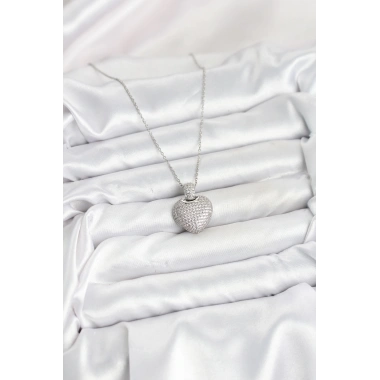 316L Çelik Zincir Gümüş Renk Zirkon Taşlı Kalpli Kadın Kolye