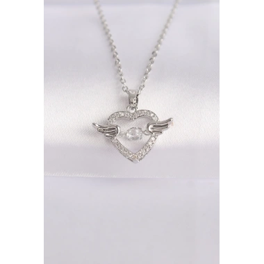 316L Çelik Zincir Gümüş Renk Zirkon Taşlı Kanatlı Kalp Kolye