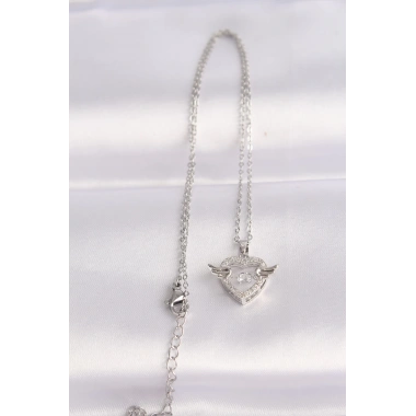 316L Çelik Zincir Gümüş Renk Zirkon Taşlı Kanatlı Kalp Kolye