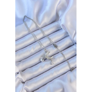 316L Çelik Zincir Gümüş Renk Zirkon Taşlı Kelebekli Mineli Ay Kolye