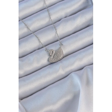 316L Çelik Zincir Gümüş Renk Zirkon Taşlı Kuğu Kolye