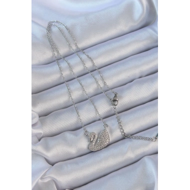 316L Çelik Zincir Gümüş Renk Zirkon Taşlı Kuğu Kolye