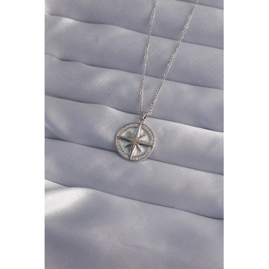 316L Çelik Zincir Gümüş Renk Zirkon Taşlı Kutup Yıldızı Kolye