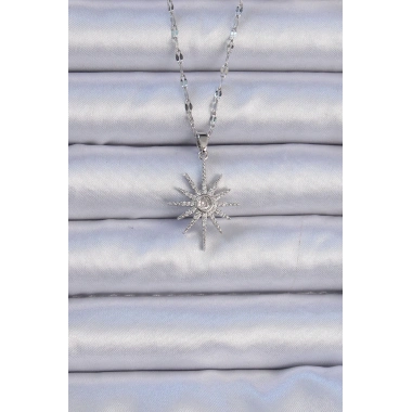 316L Çelik Zincir Gümüş Renk Zirkon Taşlı Kutup Yıldızı Kolye
